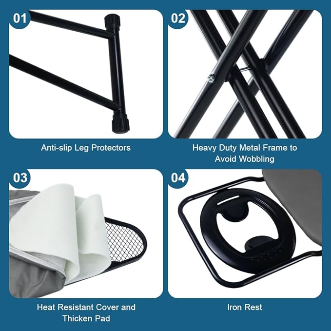 Ironing Board Full Size, Heat Resistant Cover Iron Board with Steam Rest, Ultra Thick Padding, Height Adjustable Heavy Sturdy Metal Frame Legs Ironing Stand,Non-Slip Foldable (54"x13", Round Rest)