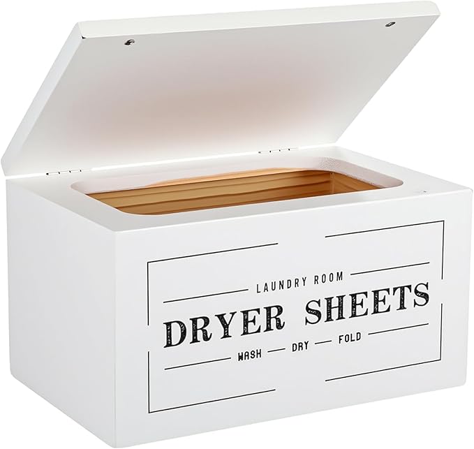 Farmhouse Dryer Sheet Holder with Lid - Rustic Dryer Sheet Dispenser Laundry Room Decor Accessory, White