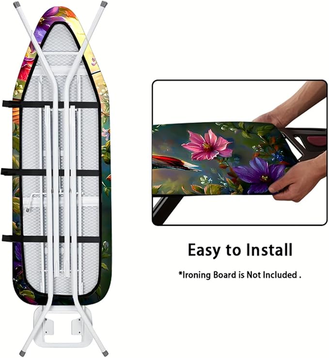 Nuxovilar Ironing Board Cover with Hummingbird and Colorful Flowers Pattern, 15x54 Inches Polyester - Ironing Board Cover and Pad for Garden - Themed Room, Sunroom, Craft Studio