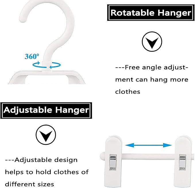 Plastic Pant Hangers with Clips, 10 Pcs Pants Hangers with 360°Rotating & Adjustable Clips, Stackable Clothes Hanger for Skirt, Closet Organizer and Storage | Space Saving (White)
