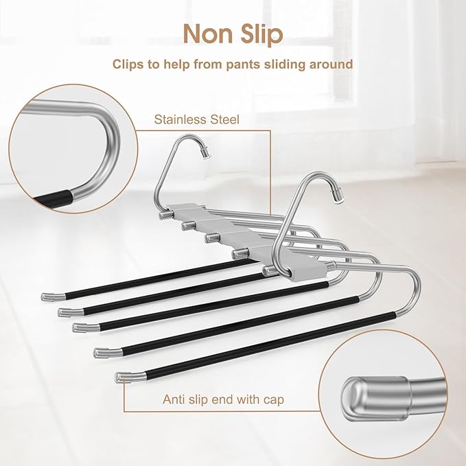 4 Pack Pants Hangers Space Saving, Anti-Slip Multi-Functional Pants Rack, Thickened Stainless Steel Tube, Two Hanging Modes Suitable for Jeans Trousers Skirts Scarf-Grey