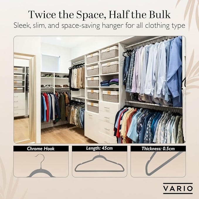 50-Pack Velvet Hangers – Heavy Duty, Non-Slip Clothes Hangers with Chrome Hooks | Slim & Space-Saving Design for Coats, Suits & Plus Size Tops (Grey)
