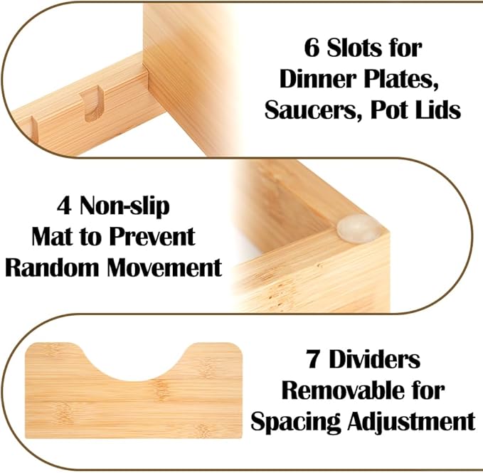 Bamboo Pan Pot Lids Organizer with Dish Drying Mats, Kitchen Organizers and Storage with 6 Dividers, Dish Drainer for Kitchen Counter Holder, Ideal for Pots, Cutting Boards, Mats, Cookware