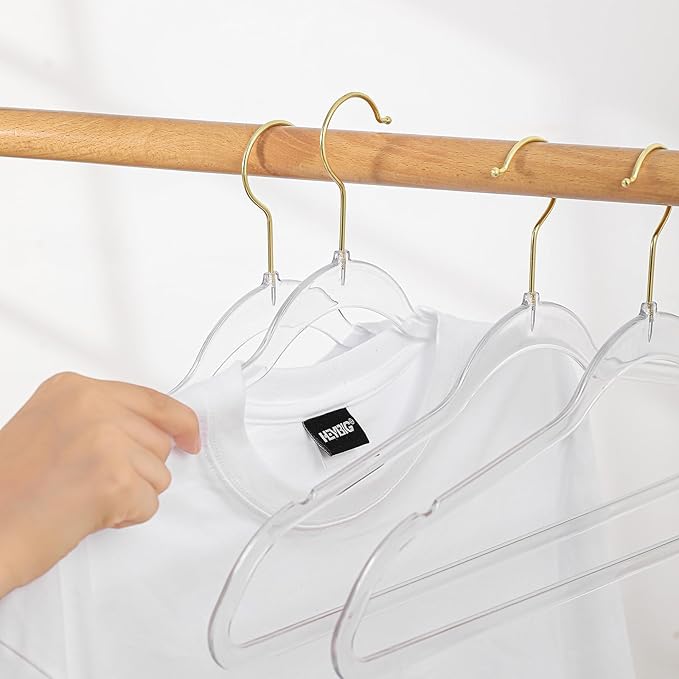 Clear Acrylic Plastic Hangers for Clothes for Adult Closet Heavy Duty Hangers Space Saving 360 Degree Swivel Hook and Notches (50, Gold/Clear)