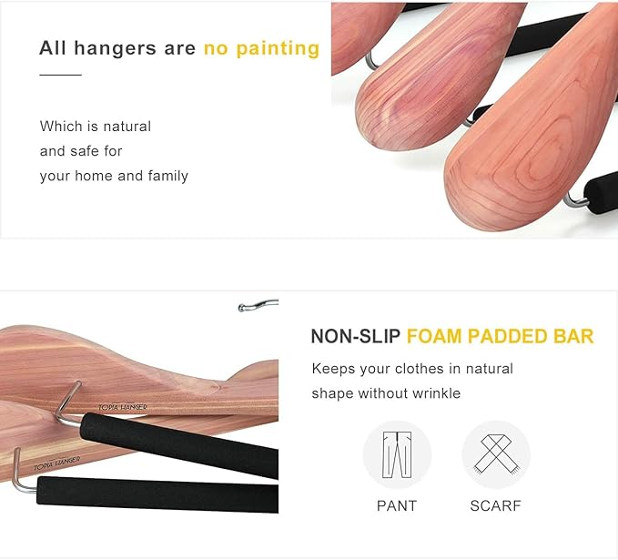 TOPIA HANGER Unfinished American Red Cedar Wood Coat Suit Hangers, Luxury Wooden Jacket Clothes Hangers, Wide Shoulder with Black Padded Pant Bar- 360°Flexible Hook, 6 Pack- Natural- CT07W-6