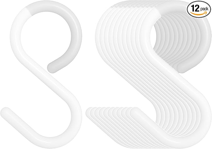 12-Pack Secure & Quiet Plastic S Hooks, Flexible Neck for Easy Twist & Lock, Completely Rust-Free, Holds up to 5 lbs, White, Small (2.5 inch)