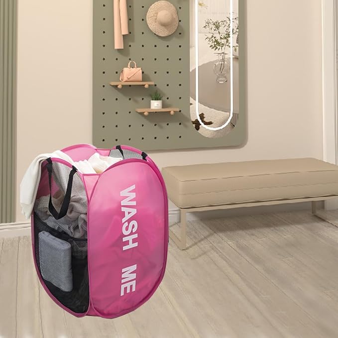 Larpur Pop Up Laundry Baskets, 2 Pack Mesh Laundry Hampers Collapsible Clothes Hampers, Portable Cruise Laundry Hampers for Home, Dorm, Travel (Black + Pink)