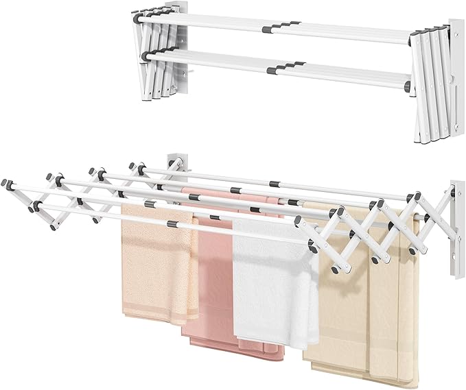 APEXCHASER Wall Mounted Clothes Drying Rack Laundry Drying Rack Retractable, Towel Racks Wall Mounted for Bathroom Balcony Laundry Room Indoor, Foldable Accordion Dryer Rack for Clothing, White