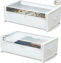 Under Bed Storage with Wheels, Rolling Under bed Storage with Metal Frame, Under Bed Shoe Storage for Space Saving, Zippered Clear Lid, Heavy-Duty Steel Base for Clothes, White,4XL 90L