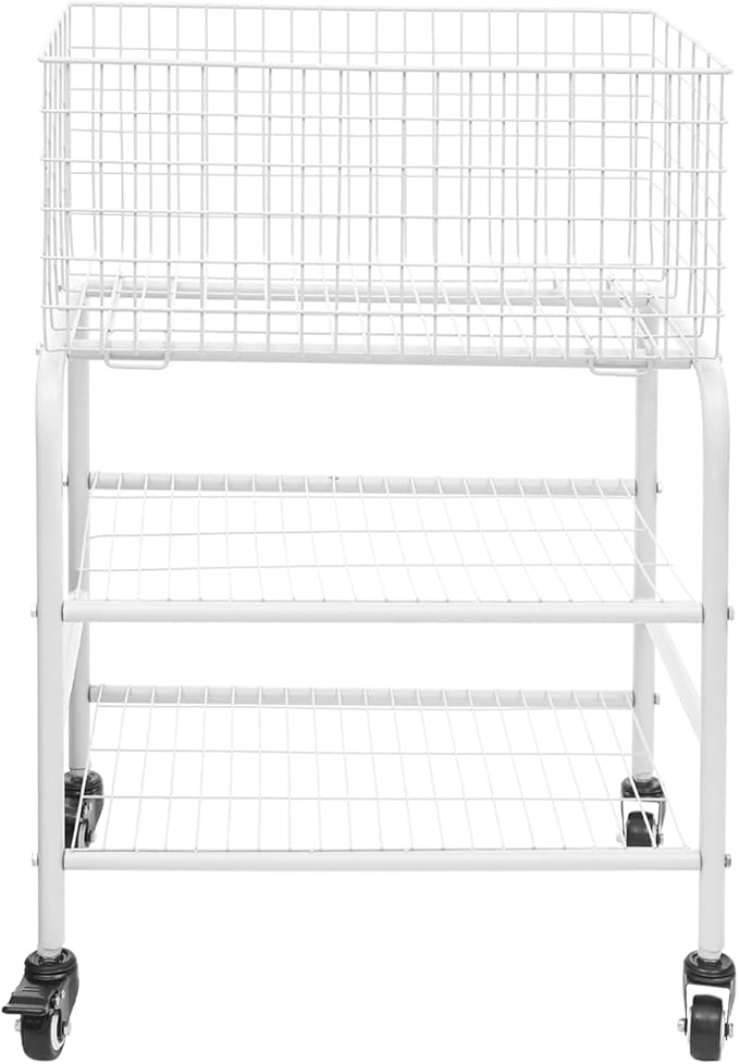 Rolling Laundry Basket on Wheels, 3-Tier Garment Storage Cart, Metal Wire Laundry Hamper Cart for Laundry Room, Bathroom, Bedroom (White)