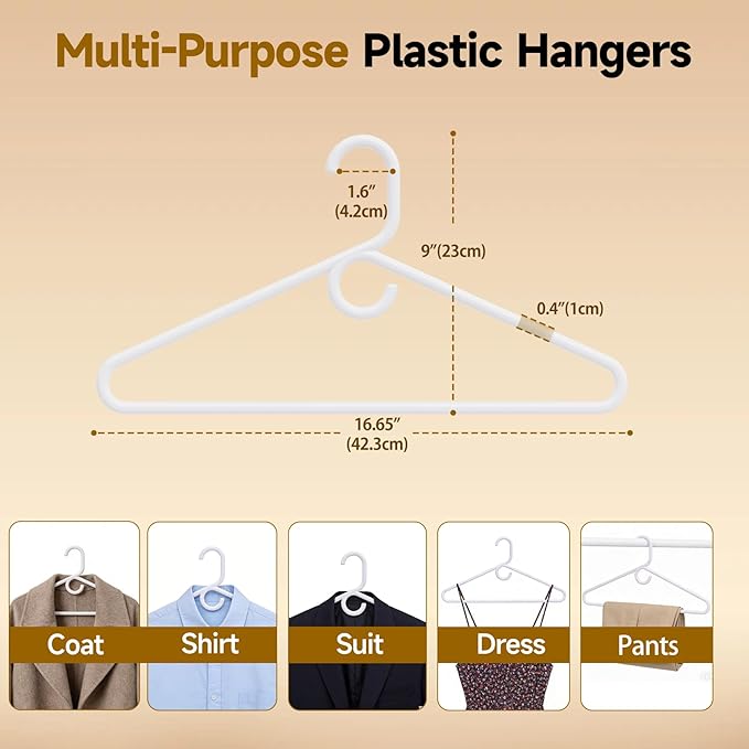Heavy Duty Plastic Hangers 30 Pack, White Plastic Hangers for Standard Size Clothes with Hook & Non-Slip Pants Bar for Shirts, Pants, Coat, Dresses, Jackets, Scarves and Belts