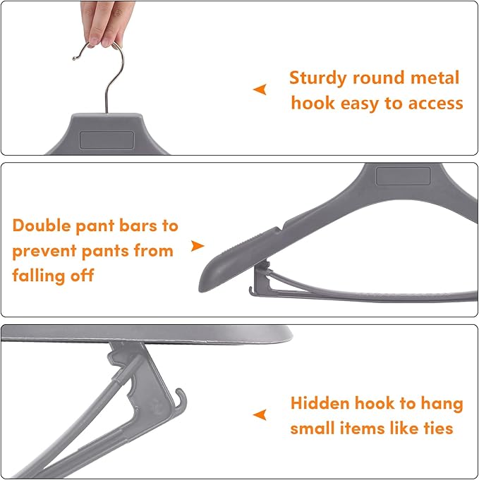 DEDU Suit Hangers for Men 20 Pack, Grey Coat Hangers Extra Wide Non Slip Width 17.7", Thick Plastic with Pants Bar & Metal Hook