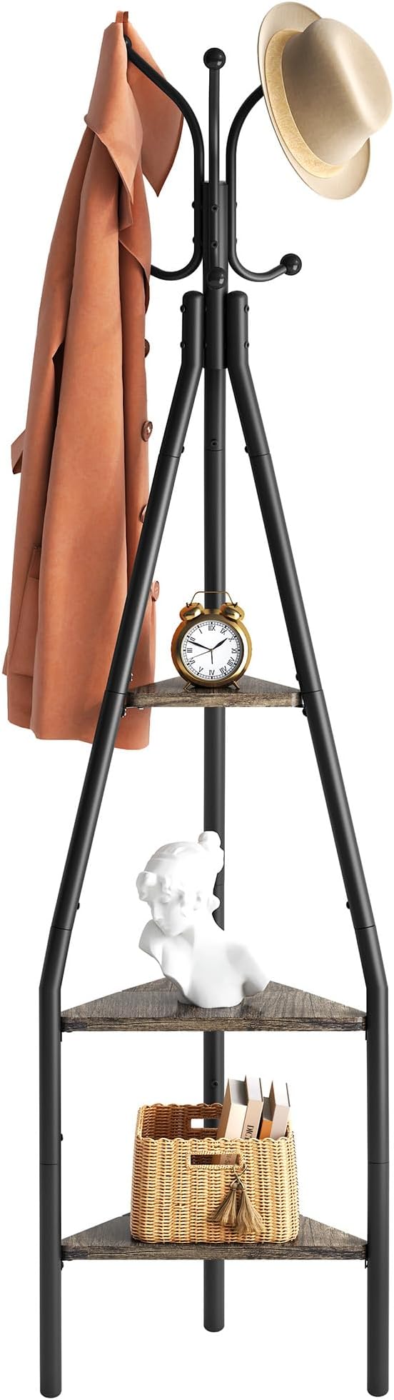 Hoctieon 3-Tier Coat Rack Freestanding with Shelves, Industrial Coat Stand with Storage, Mordern Coat Tree Free Standing for Clothes, Hats, Bags, Grey