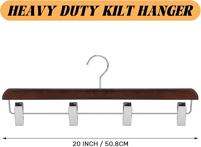 2 Pcs Kilt Hanger 20 Inches Wooden Duty Skirt Hangers with 4 Clips for Closet (Nut Brown)