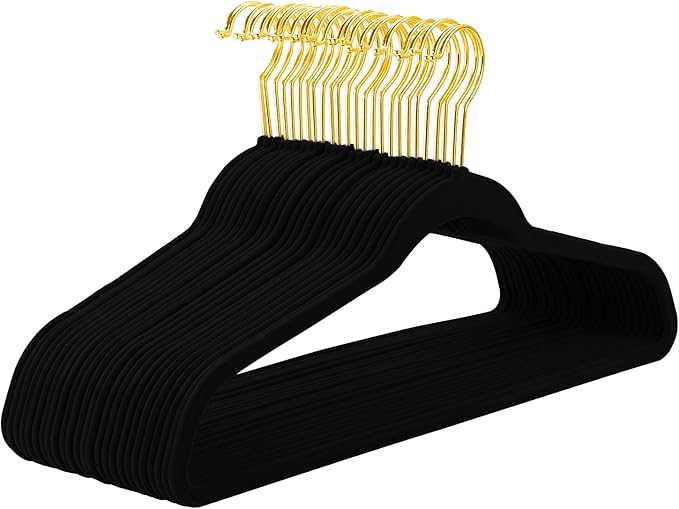 MIZGI Black Velvet Hangers 60 Pack,Premium Gold Clothes Hangers Non-Slip Felt Hangers,Sturdy Black Heavy Duty Coat Durable Suit Hanger for Space Saving, No Flocked Marks