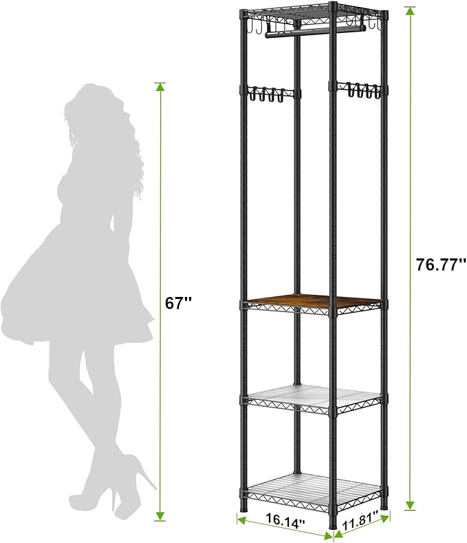 R1 Black & R1 White Coat Rack Freestanding, Hall Tree with 4 Storage Shelves and 16 Hooks, Coat Rack Stand with Shelves, Small Clothes Rack Organizer for Entryway, Hallway, Bedroom, Office