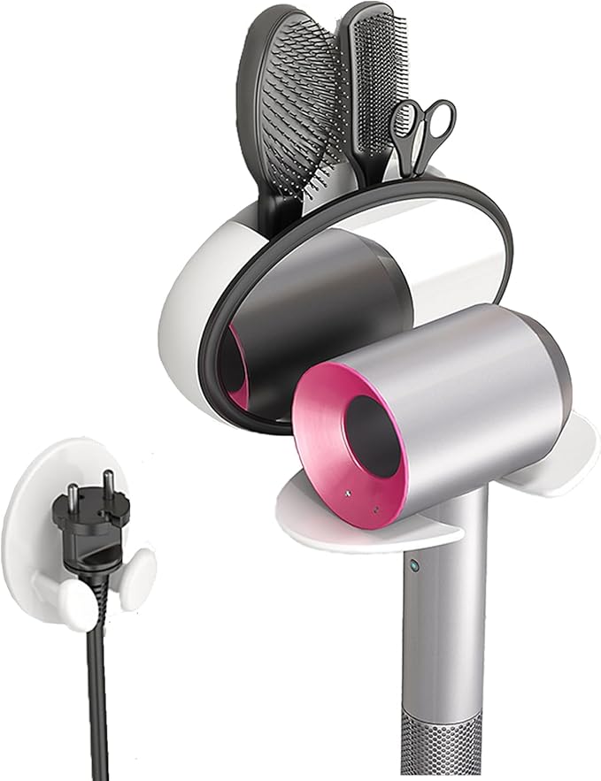 Foldable Hair Dryer Holder Wall Mount,Hair Blow Dryer Rack with Mirror,Adhesive Hair Dryer Storage,Hair Tool Organizer for Curling Iron,White Hair Dryer Support and Hair Dryer Shelf