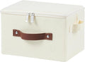 Storage Bins with Zipper Lid Cotton Linen Fabric Lidded Storage Baskets Boxes Foldable Washable Closet Shelf Clothes Organizer Container with PU Leather Handles (Beige, Small Size)