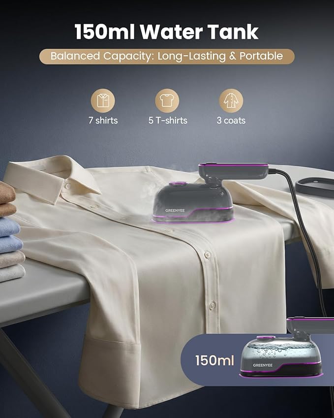 Travel Steamer Iron for Clothes, Portable Handheld Garment Steamer with 6 Smart Modes, Strong Penetrating Steam, 180° Rotatable Handle, 150ml Large Tank for Home & Travel (Gray)