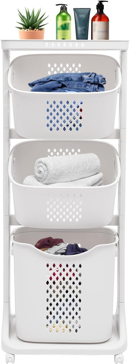 White Laundry Basket Removable Storage Basket 3 Tier Multi-purpose Rolling Laundry Basket with 4 Wheels Laundry Washing Hampers Basket Shelf Cart Clothes Storage Basket for Household Bathroom Kitchen