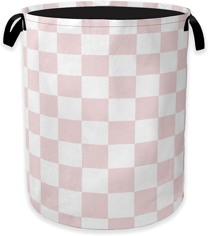 Pink White Checkered Laundry Hamper,Modern Girls Collapsible Laundry Baskets,Waterproof Oxford Cloth Laundry Room Organization for Bedroom,Bathroom,Nursery,16x20 Inch