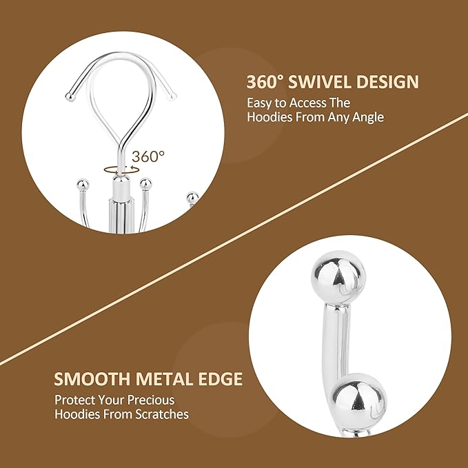 ZEDODIER Hoodie Hangers, Rotatable Hoodie Organzier for Closet, Max 8 Storage Capacity Hoodies Holder, Metal Space Saving Closet Organizers and Storage, Silver