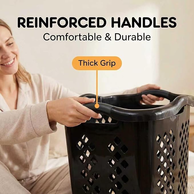 2-Pack Ultra Easy Carry Plastic Laundry Hamper, 2 Bushel Lamper Plastic Laundry Basket with Silver Handles,Dirty Clothes Laundry Hamper Bin for Home, Apartment（Black)