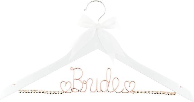 Ella Celebration Bride to Be Wedding Dress Hanger Wooden and Wire, Accented with Beads and a Bow Bridal Hangers for Brides (White with Rose Gold Wire and Rose Gold Beads)