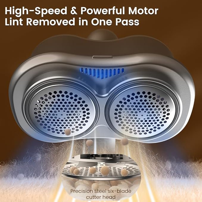 HomeBeyond Dual-Head Fabric Shaver, Electric Lint Remover, Rechargeable Lint Shaver, Sweater Shavers to Remove Pilling,6 Leaf Blades Defuzzer, 90° rotatable Handle for Clothes Couch Furniture