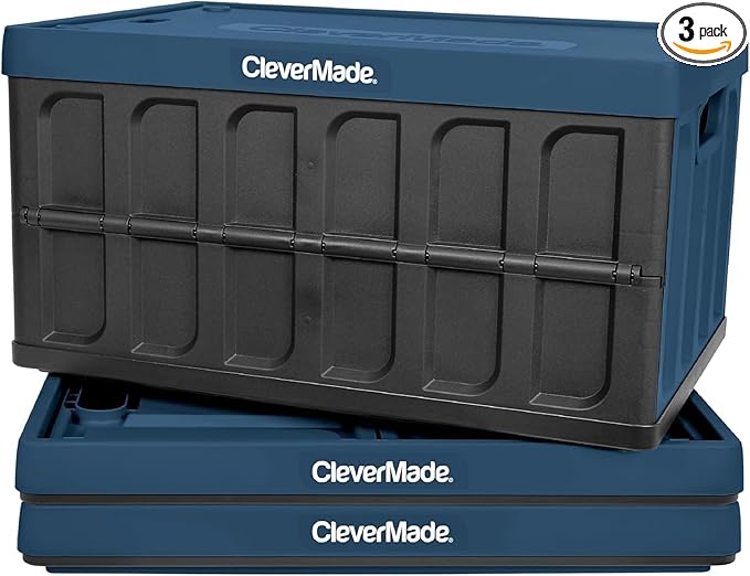 CleverMade Collapsible Storage Bins with Lids - Ocean 3 Pack 62L - Plastic Containers Stackable Organization Crates Home Closet Space-Saving Durable