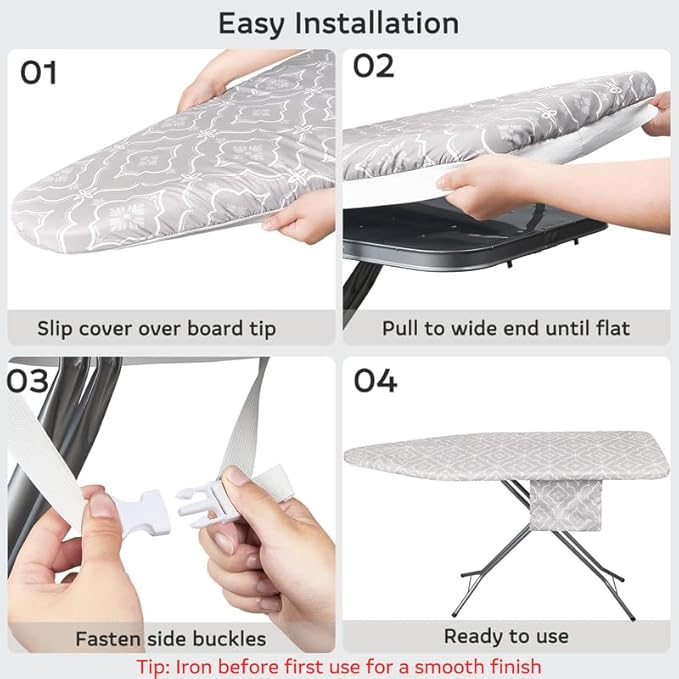 FIOBEE Ironing Board Cover and Pad Extra Thick Iron Board Pad with Heat-Resistant Mesh Padded Iron Board Covers Adjustable Buckle & Elastic Edges for 15x54 Standard Size Ironing Board, Grey Geometric