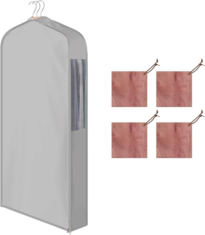 1 Set 40'' x 24'' x 6'' Short Cotton Garment Bags for Hanging Clothes and Storage, 4 Cedar Blocks for Fresh Smell and Moth Protection, Breathable Covers for Closet Suits Fur Coats Sweaters