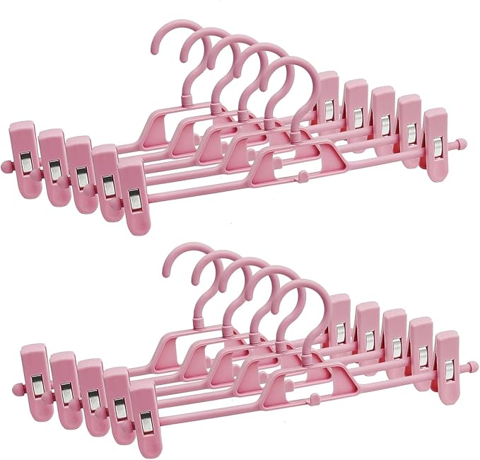 10 Pack Plastic Pant Hangers with Clips, Space Saving Skirts Hanger with 360°Rotating & Adjustable Clips, Stackable Clothes Hanger for Closet Organizer and Storage (Pink)