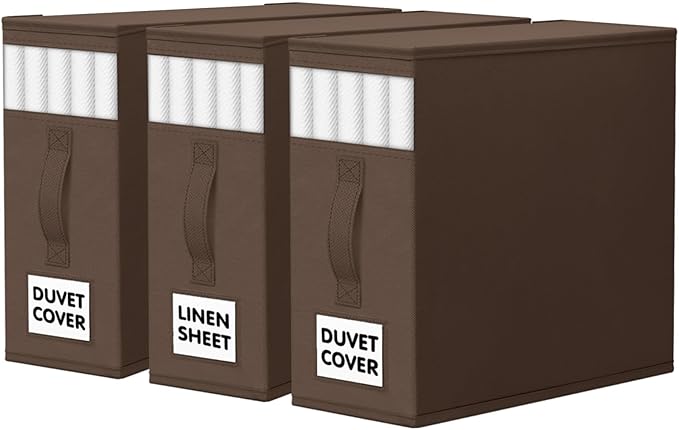 WOWBOX Sheet Organizers and Storage,Closet Bed Sheet Organizer Under Bed Storage and Organization with Label Cards & Clear Window for Bedding Sheets,Duvet Covers,Blankets (3 Pack，Brown)