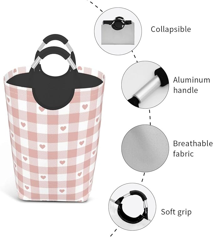 Cute Heart Laundry Basket Pink Buffalo Plaid Foldable Laundry Hamper Checkered Collapsible Laundry Baskets with Handles Clothes Hamper Laundry Tote Bag for Dorm Family Storage Bin 50L