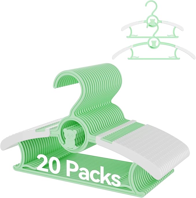 Baby Hangers, 11-14 Inch Extendable Kid Hangers, Non-Slip, Stackable, Space Saving, Green, 20 Pack