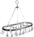 Sock Hanger for Drying with 26 Non-Slip Clips - Aluminum Hanging Drying Rack for Underwear, Baby Clothes & Delicates | Oval Design & Wind-Resistant Hook (Silver)