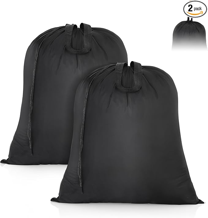 OTraki 2 Pack Washable Travel Laundry Bag 20x24 inch Heavy Duty Laundry Bags with Handles Dirty Clothes Drawstring Laundry Hamper Liner Bag Drying Do Not Exceed 176℉ Black