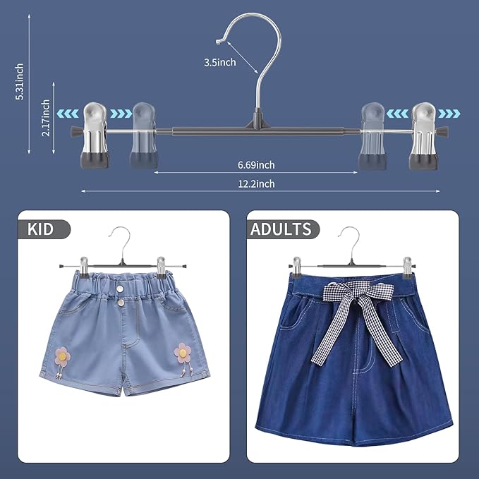 Pants Hangers with Clips 10PACK Adjustable Skirt Hangers for Women Metal Non-Slip Trousers Hanger Heavy Duty Space Saving Clothes Hanger for Shorts,Jeans,12Inch Gray
