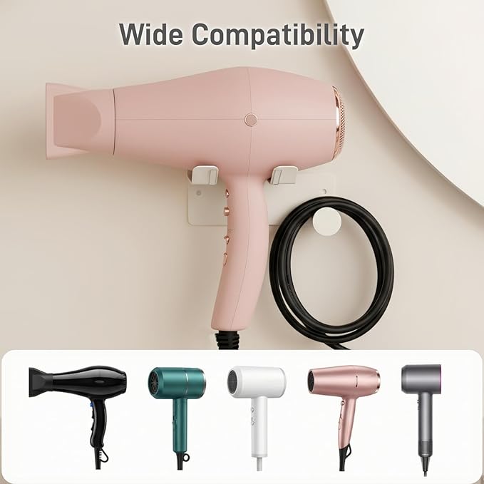 Hair Dryer Holder, Dyson Hair Dryer Holder, Blow Dryer Holder with Cord Hook SUS304 Stainless Steel Wall Mount, Self Adhesive/Screw Space Saving Hairdryer Holder for Bathroom White