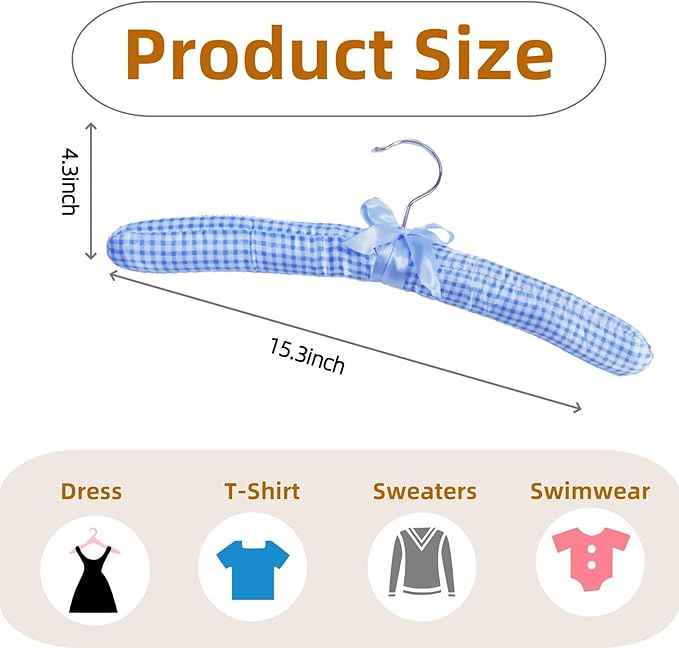 Plaid Pattern Padded Hangers for Women Clothing,Satin Hangers Padded Bride Hanger for Wedding Dress Soft Padded Hanger for Sweaters Coat Clothes (5, Blue)