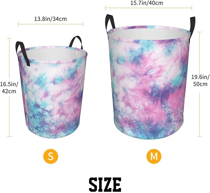 Dujiea Pastel Blue Pink Tie Dye Laundry Basket Round with Handle, Collapsible Foldable Canvas Storage Bin Dirty Clothes Bag for Laundry/Toys Organizer/College Dorm/Nursery/Decor(2 Sizes)
