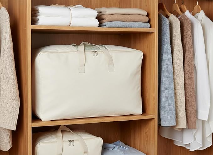 Soft Large Canvas Comforter Storage Bags with Four Carrying Handles and Clear Window, Closet Organizer for Clothing, Blankets Sheets Pillows and Bedding, 80L, 2 Pack, Beige