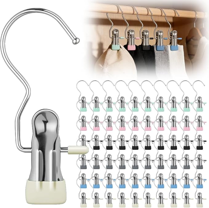 50 Pcs Heavy Hanger Clips for Closet, Multi Functional Clips with Hook for Hanging Clothespin, Hook Hangers with Clips for Clothes Pants Hats Socks and Boots (5 Colors)