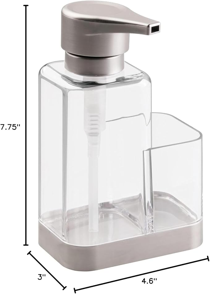 mDesign Modern Plastic Kitchen Sink Countertop Liquid Hand Soap Dispenser Pump Bottle Caddy with Storage Compartment - Holds and Stores Sponges, Scrubbers and Brushes - Clear/Brushed