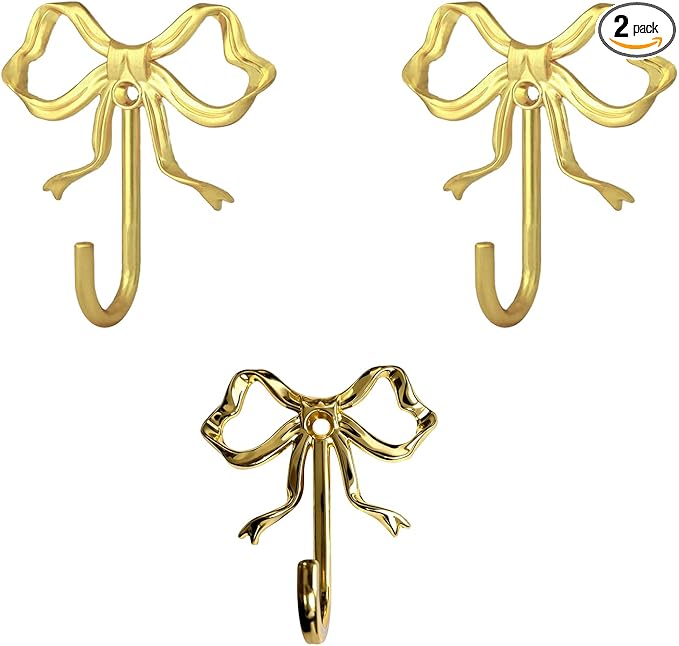 Decorative Bow Wall Hooks, Brass-Gold Metal Coat Hooks for Keys, Jewelry, Clothes, Home Decor - Screw Mounted, Iron Alloy, 2 in X 2.6 in X 0.8 in, 2 Pack (Two Large Sizes and one Small Size)