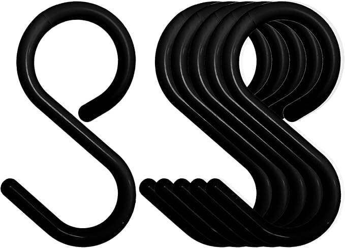 6-Pack Secure & Quiet Plastic S Hooks, Flexible Neck for Easy Twist & Lock, Completely Rust-Free, Holds up to 5 lbs, Black, Small (2.4 inch)