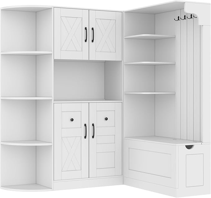 66" H Hall Tree with 4 Hooks, Open Shelving and Flip Hidden Shelf, Multifunctional Left-Right Combination Coat Rack (can be Used Separately), Entryway Bench for Living Room, Hallway