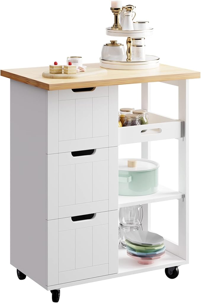 SUNLEI Kitchen Island with Storage Cart Rolling Moveable Microwave Microwave cart with 3 Drawers on Wheels Portable Mobile Narrow Kitchen Island, White