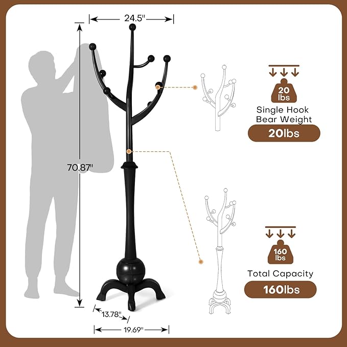 Wooden Coat Rack Freestanding with 8 Hooks, Heavy Duty Coat Hanger Stand with Stable Base, Vintage Coat Tree Standing Coat Racks for Entryway, Hallway, Bedroom (Black)